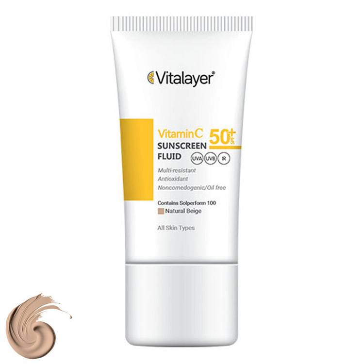 کرم ضد آفتاب رنگی ویتالایر، SPF 50، مدل ویتامین سی، مناسب انواع پوست نچرال بژ حجم 50 میلیلیتر