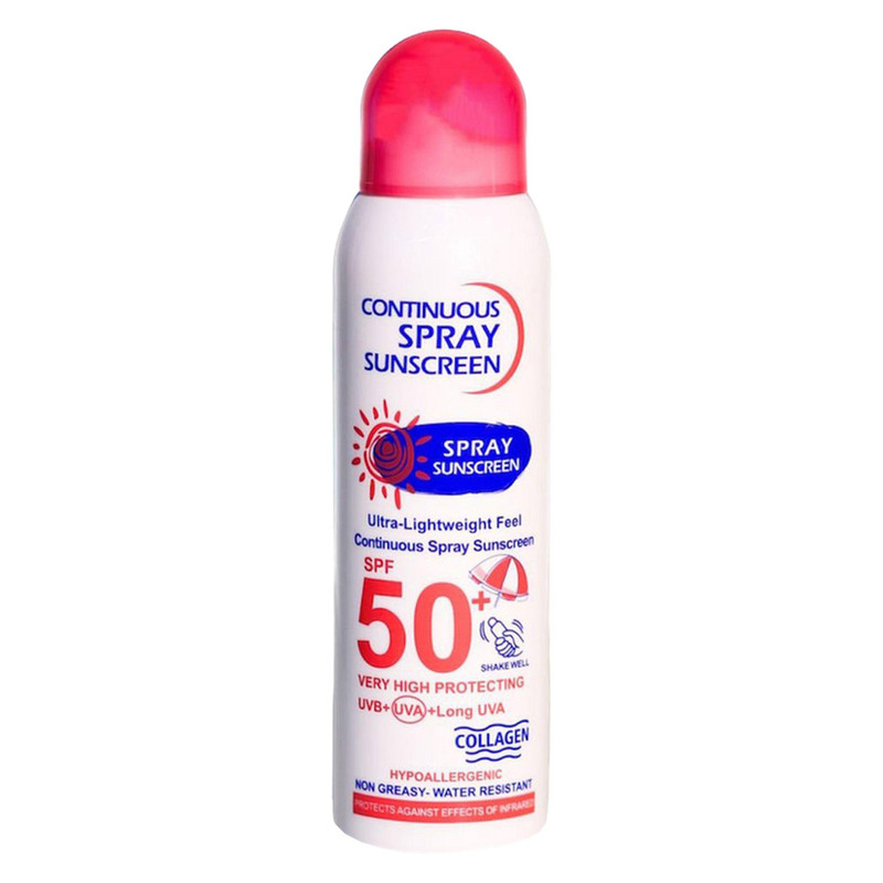 اسپری ضد آفتاب بی‌رنگ SPF 50، مدل 001، مناسب انواع پوست چرب با حجم 235 میلی‌لیتر، محافظت‌کننده در برابر اشعه‌های UVA و UVB، ضد آب و مرطوب‌کننده، روشن‌کننده، ضد لک و پیری، دارای فرمولاسیون فاقد چربی، کلاژن، ویتامین‌های C و E، با ماندگاری 2 ساعته