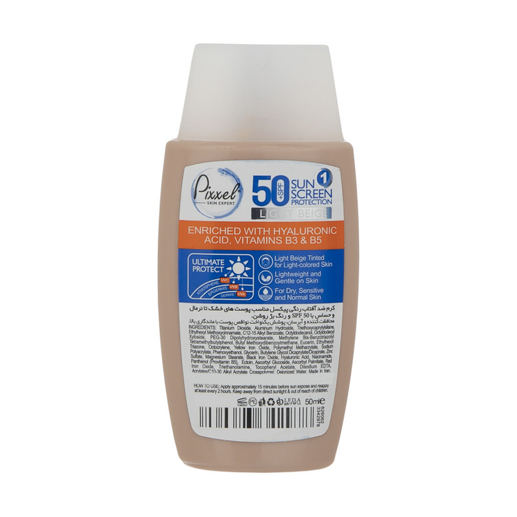 کرم ضدآفتاب رنگی پیکسل +SPF50 مدل LIGHT BEIGE، مناسب پوستهای حساس و خشک، حجم 50 میلیلیتر