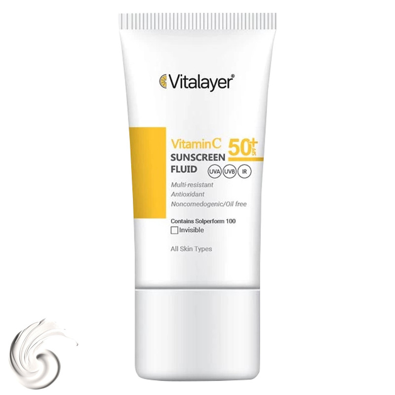 فلوئید ضدآفتاب بی‌رنگ ویتالایر SPF50 مدل Vitamin C مناسب انواع پوست، حجم 50 میلی‌لیتر