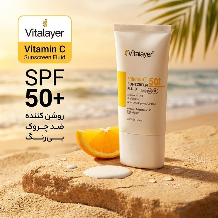 فلوئید ضدآفتاب بیرنگ ویتالایر SPF50 مدل Vitamin C مناسب انواع پوست، حجم 50 میلیلیتر
