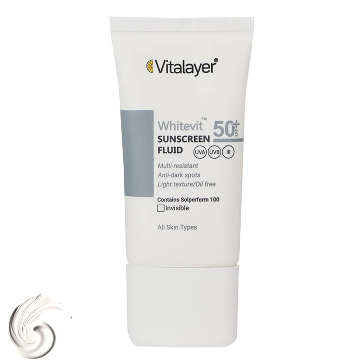 فلوئید ضدآفتاب بیرنگ ویتالایر SPF50 مدل Whitevit مناسب پوست لکدار، حجم 50 میلیلیتر