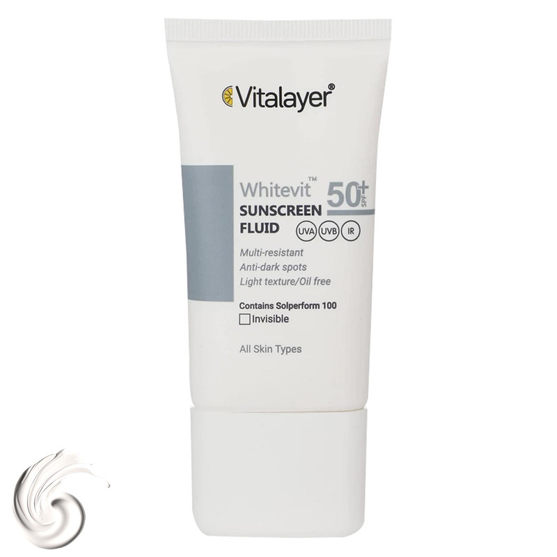 فلوئید ضدآفتاب بی‌رنگ ویتالایر SPF50 مدل Whitevit مناسب پوست لکدار، حجم 50 میلی‌لیتر
