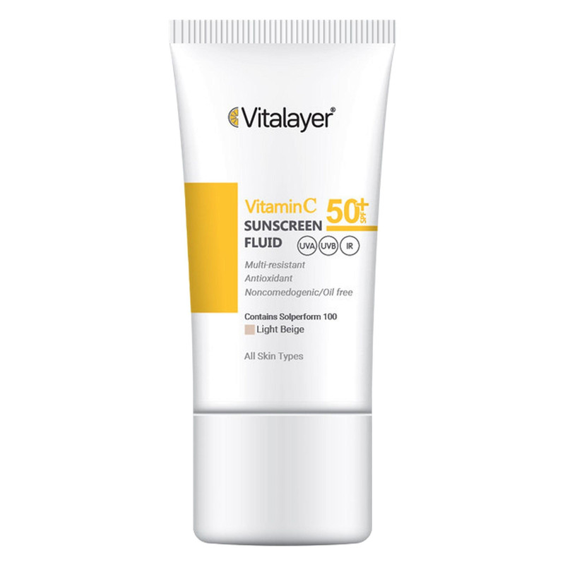 ضدآفتاب فلوئید رنگی ویتالایر، 50 SPF، مدل Vitamin C، مناسب انواع پوست رنگ لایت بژ و حجم 50 میلی‌لیتر