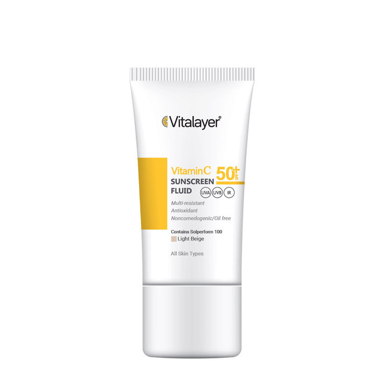 ضدآفتاب فلوئید رنگی ویتالایر، 50 SPF، مدل Vitamin C، مناسب انواع پوست رنگ لایت بژ و حجم 50 میلیلیتر