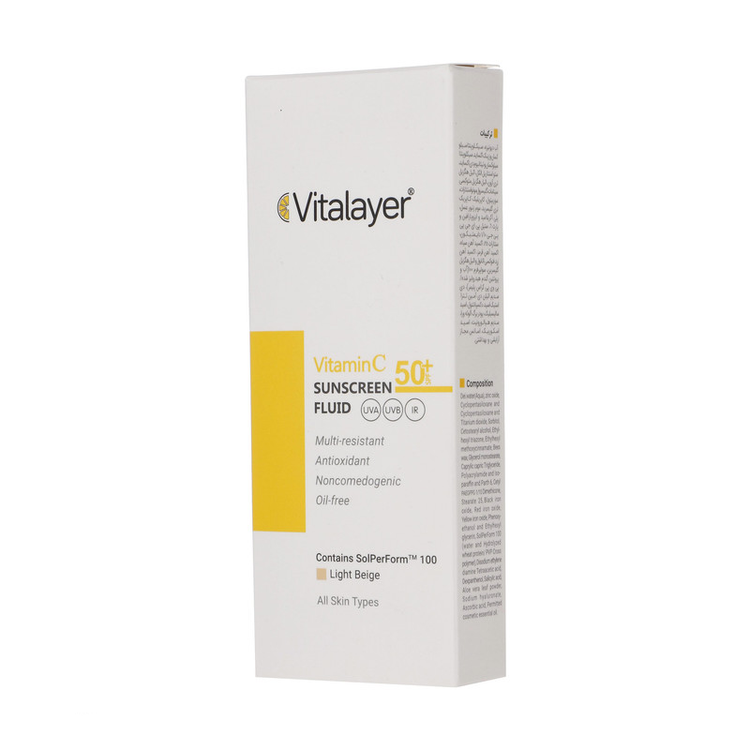 ضدآفتاب فلوئید رنگی ویتالایر، 50 SPF، مدل Vitamin C، مناسب انواع پوست رنگ لایت بژ و حجم 50 میلیلیتر
