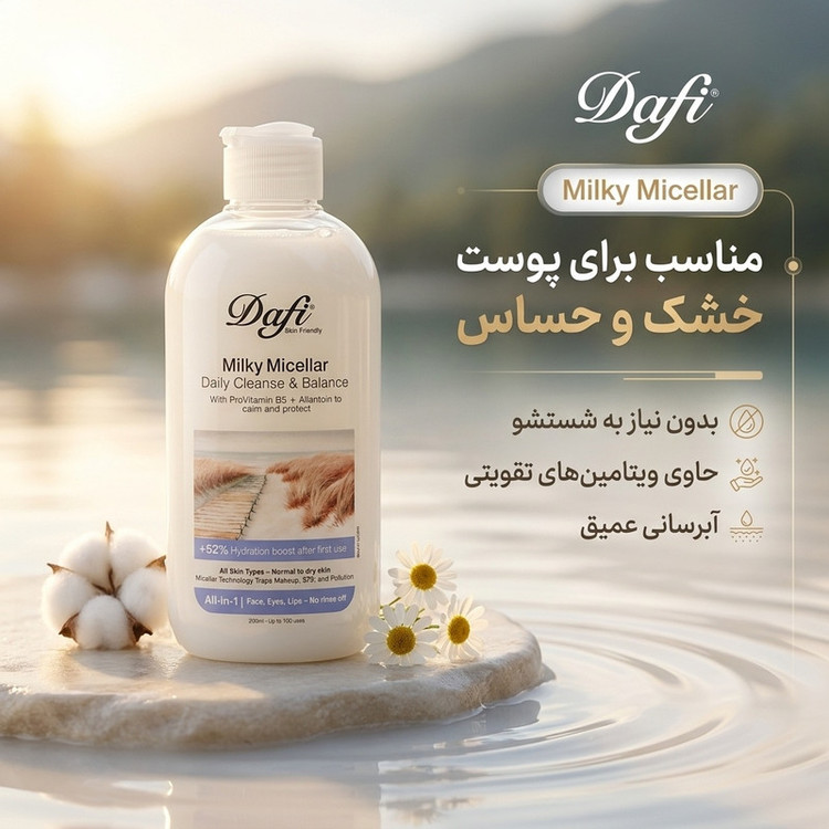 میسلار پاک کننده دافی مدل Milky مناسب برای پوست خشک و حساس حجم 200 میلی لیتر